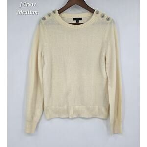 J.Crew Preppy Minimalist Cream Wool Blend Sweater Rhinestone Shoulder Buttons  M